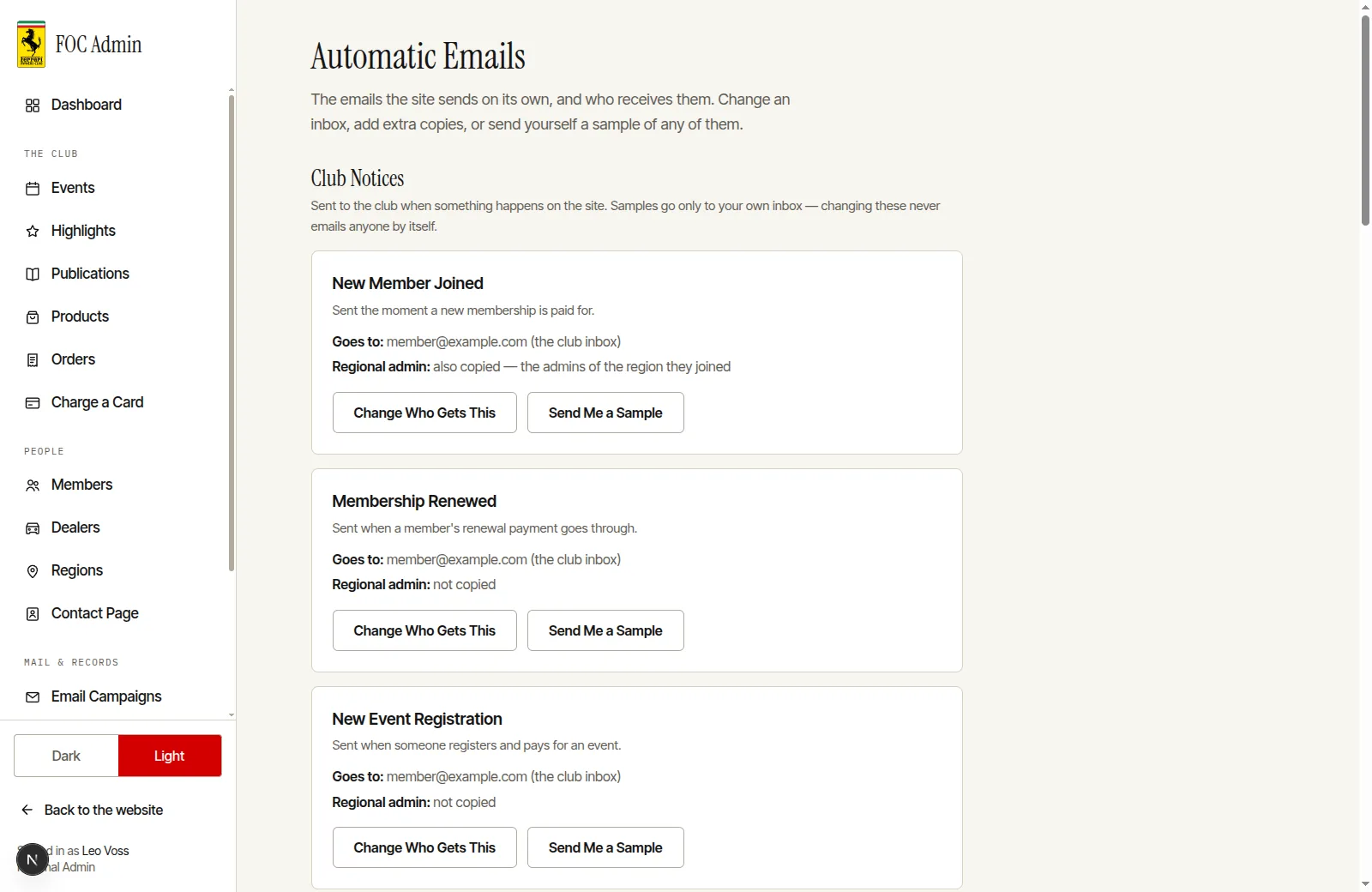 The FOC dashboard's automatic emails: new member joined, membership renewed, new event registration, each with who it goes to and a sample.