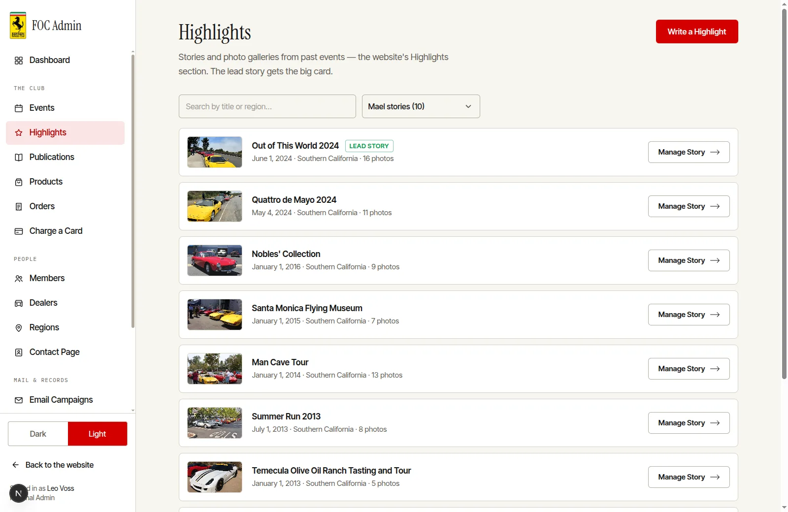 The FOC dashboard's highlights page: photo stories from past events with dates, regions and photo counts.