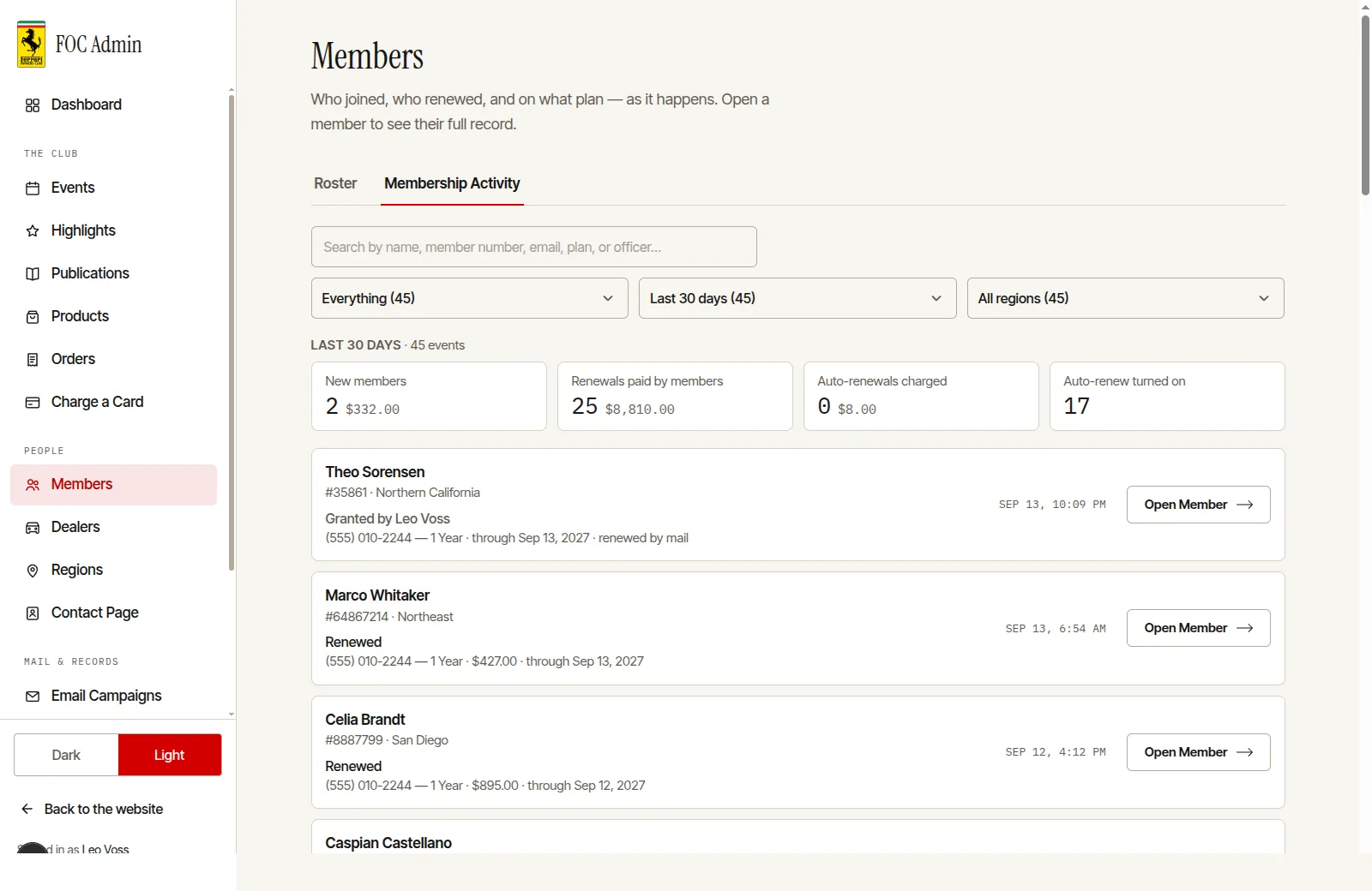 The FOC dashboard's membership activity: new members, renewals paid and auto-renewals in the last 30 days, then each renewal as a row.