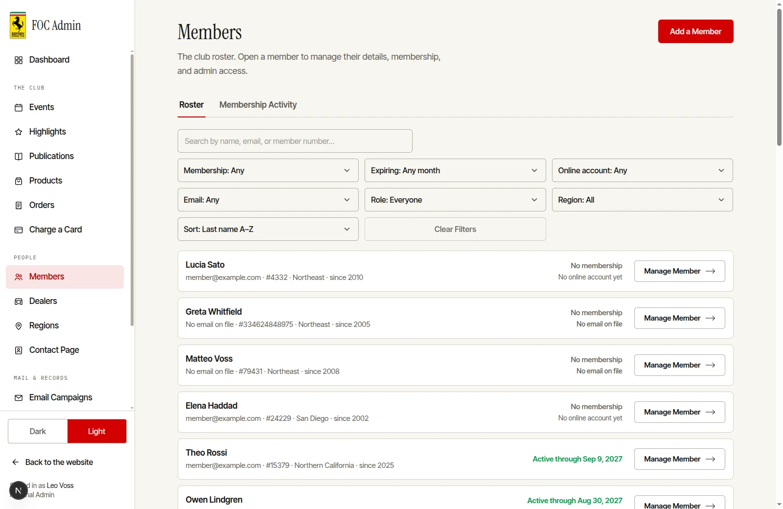 The FOC dashboard's members roster with filters for membership, expiry, online account, email, role and region.