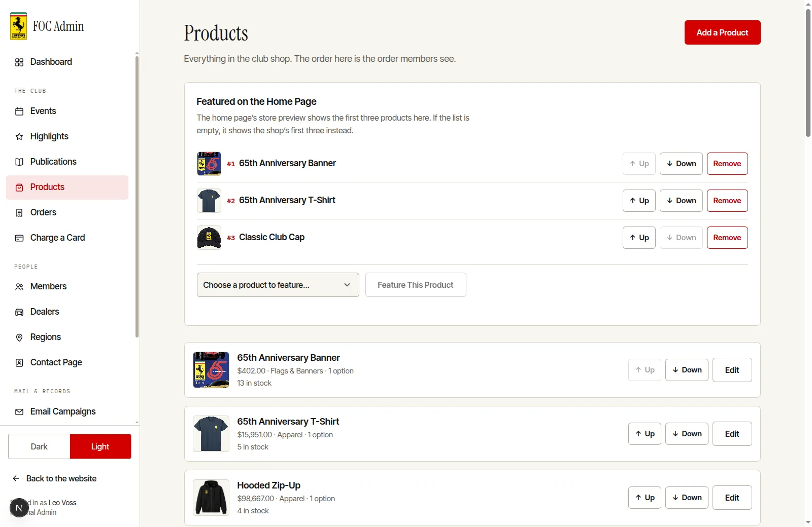 The FOC dashboard's products page: the products featured on the home page and the full shop catalog.