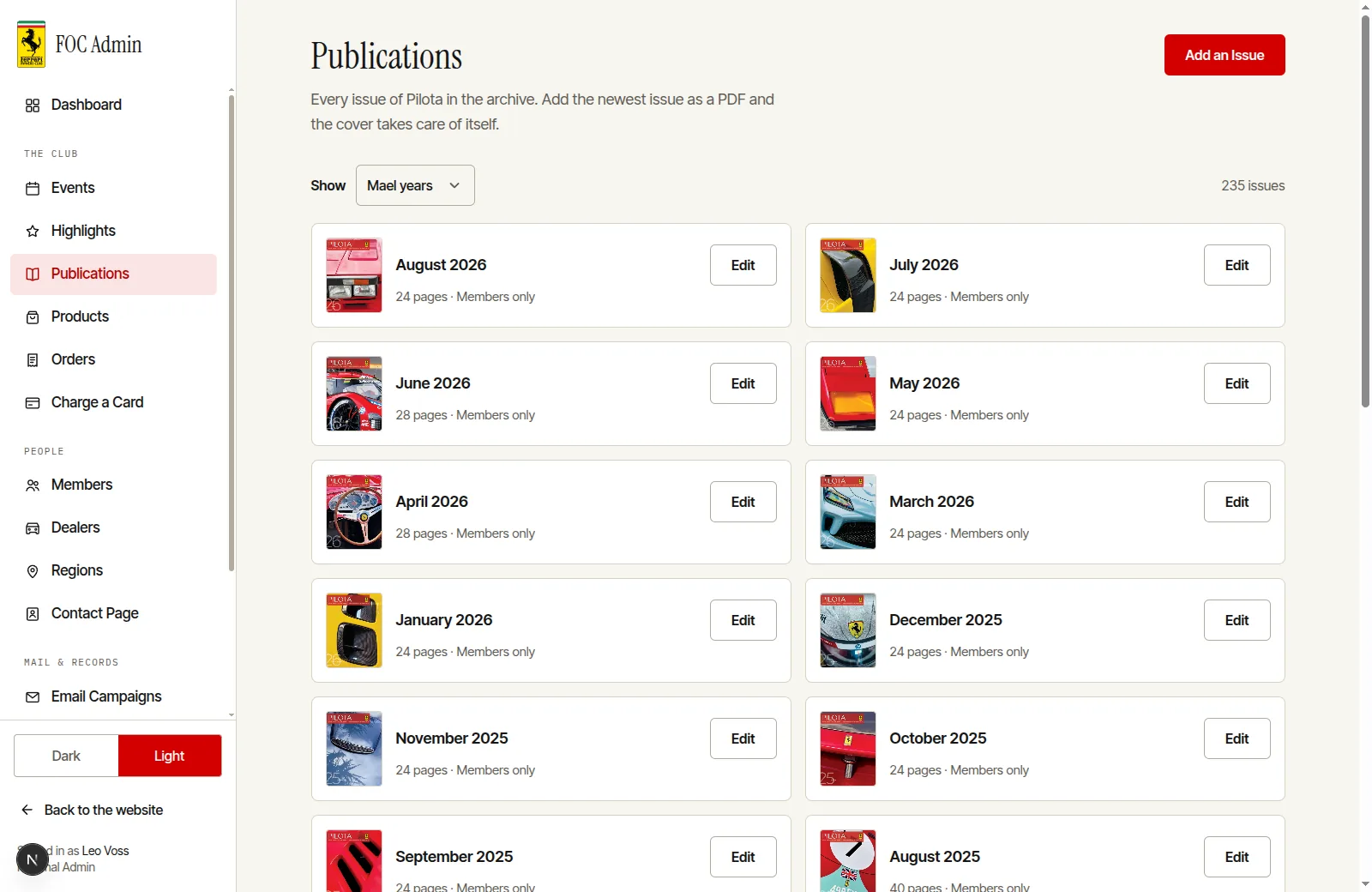 The FOC dashboard's publications page listing issues of Pilota by month with page counts.