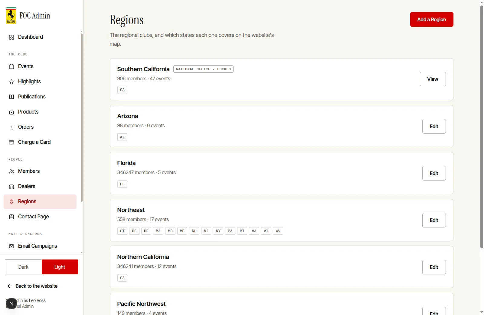 The FOC dashboard's regions page: regional clubs with member counts, event counts and the states each covers.