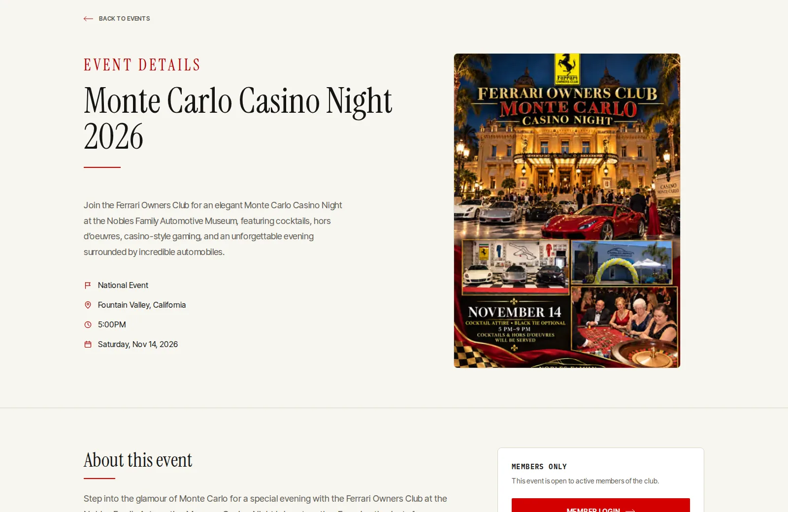 An event page: Monte Carlo Casino Night 2026 at the Nobles Family Automotive Museum, with the poster, date, time and a members-only registration box.