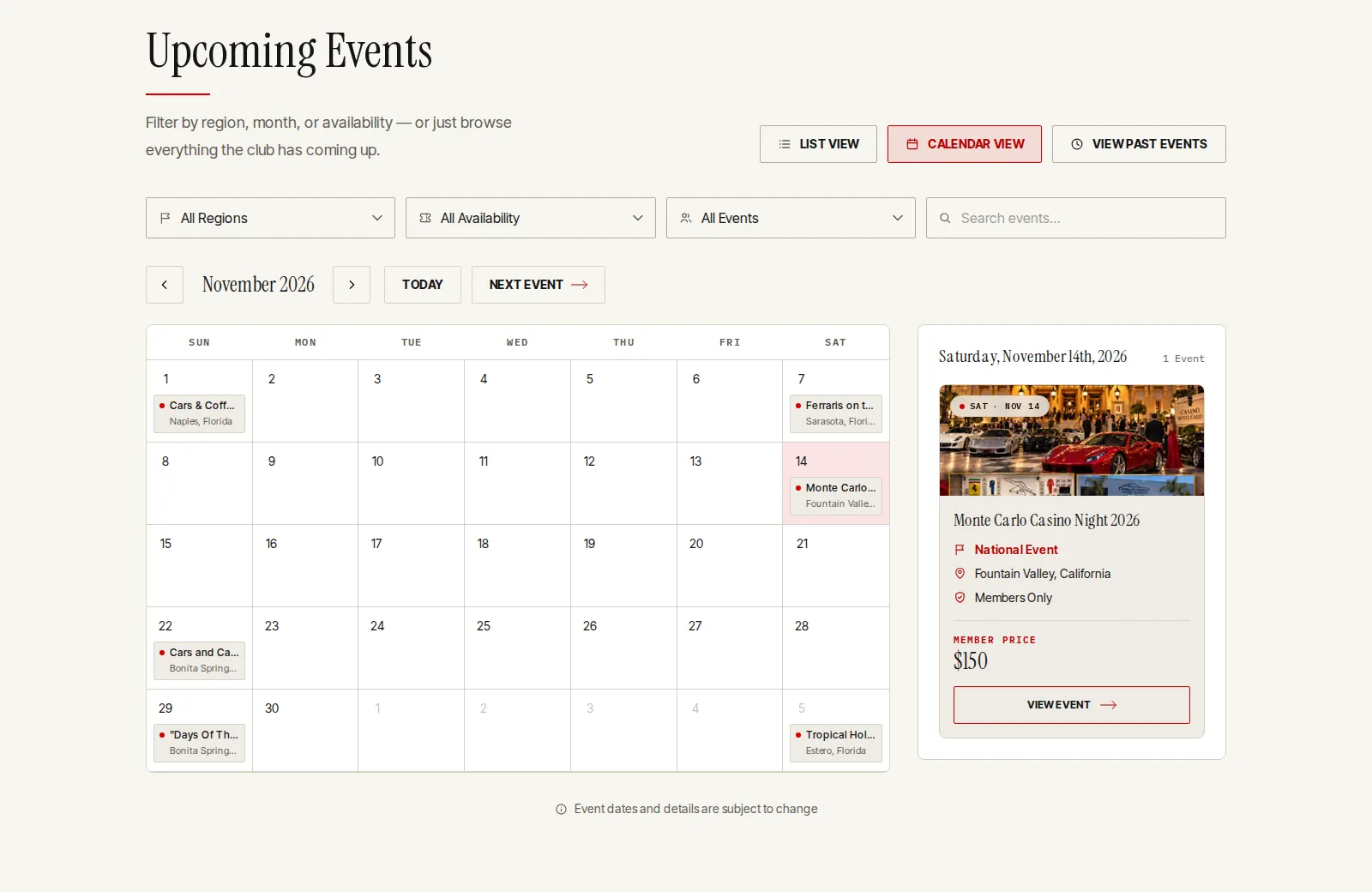 The events calendar for November 2026 with the selected day's event beside it: Monte Carlo Casino Night, members only.
