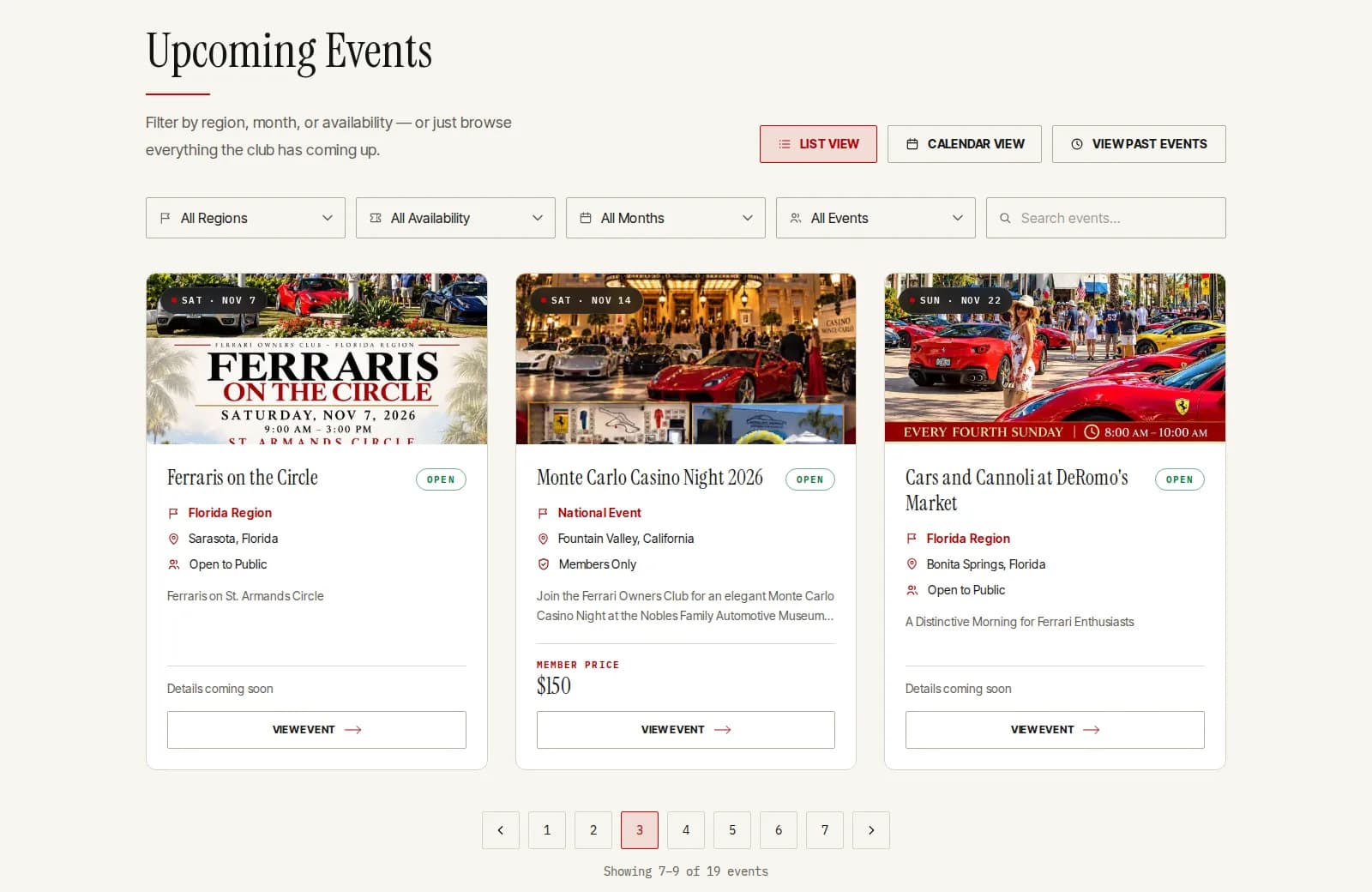 Upcoming events as cards, page 3 of 7: Ferraris on the Circle, Monte Carlo Casino Night and Cars and Cannoli, each with region, city and who can attend.