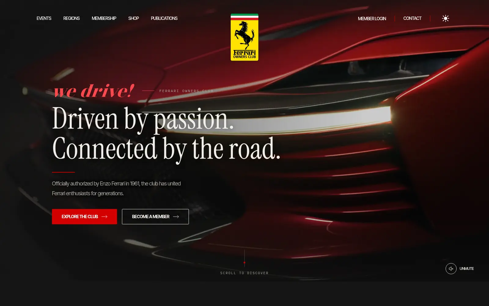 Ferrari Owners Club home page: a red Ferrari headlight and the line Driven by passion, Connected by the road.