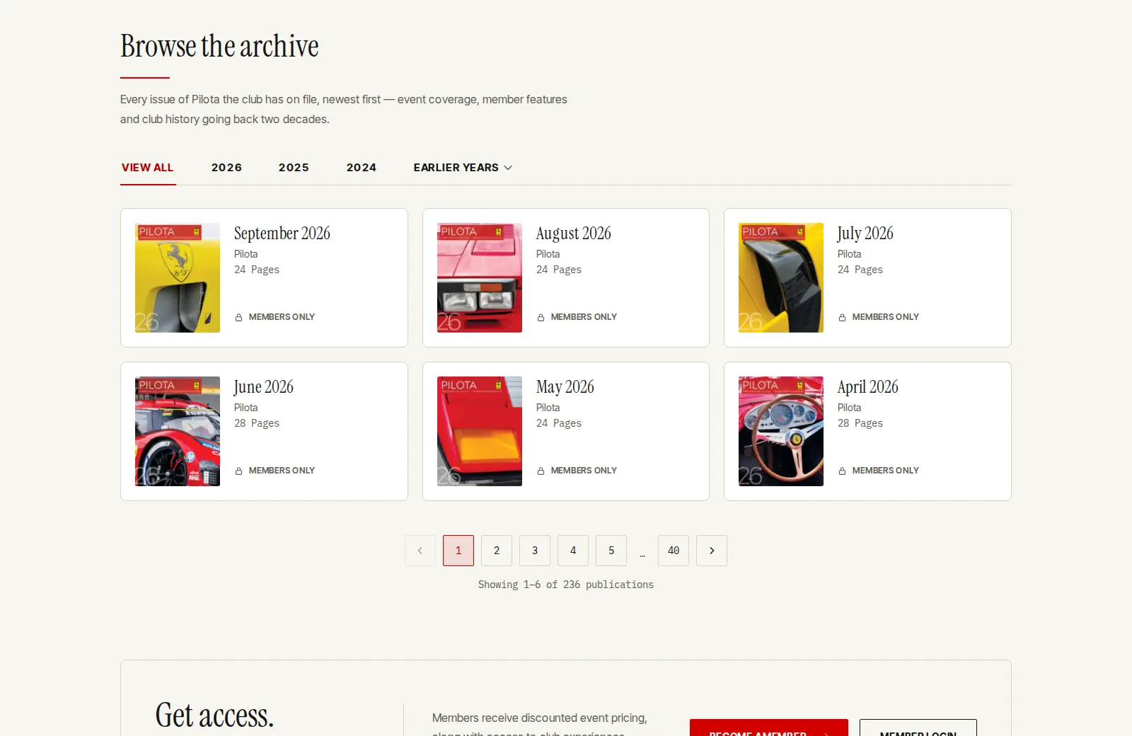 The publications archive: issues of Pilota by month, members only, 236 in all.