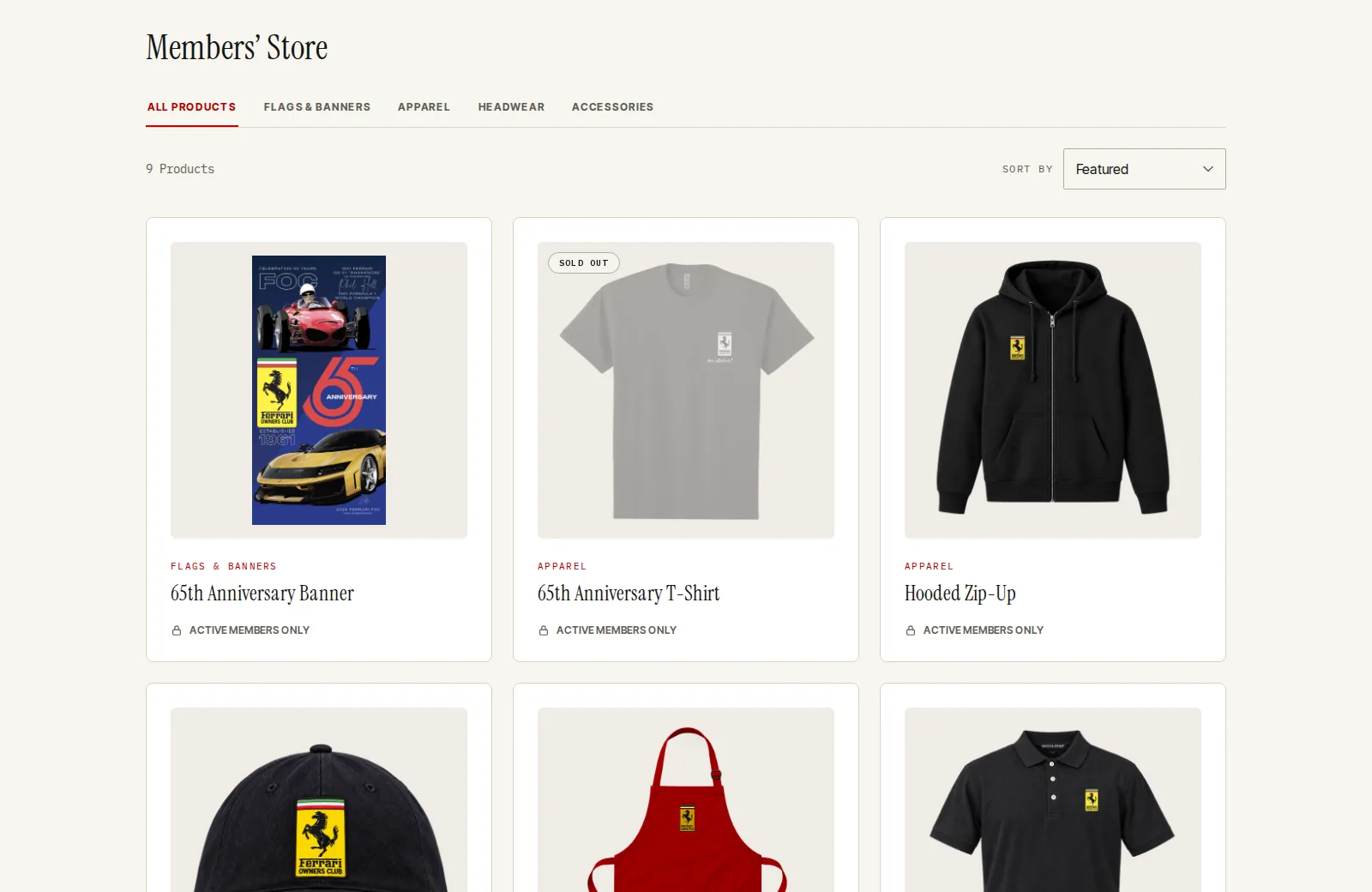 The members' store: banners, apparel, headwear and accessories, each marked active members only.