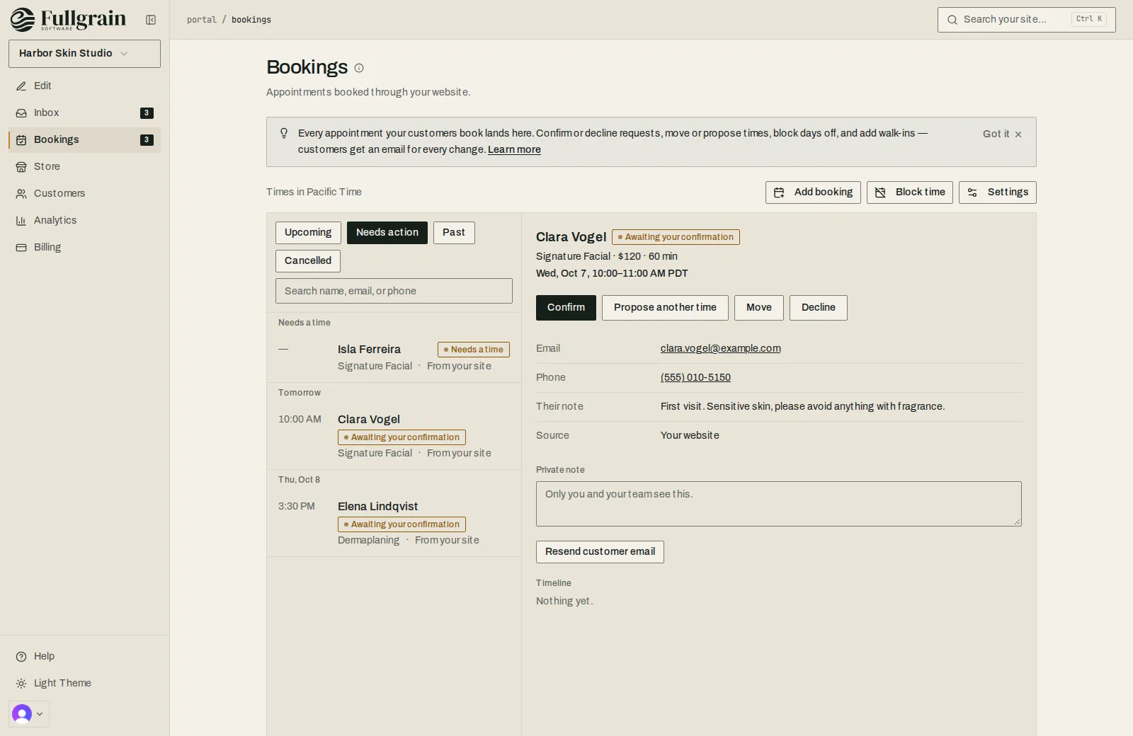 Fullgrain Portal bookings with an appointment awaiting confirmation and options to confirm, propose another time or decline.