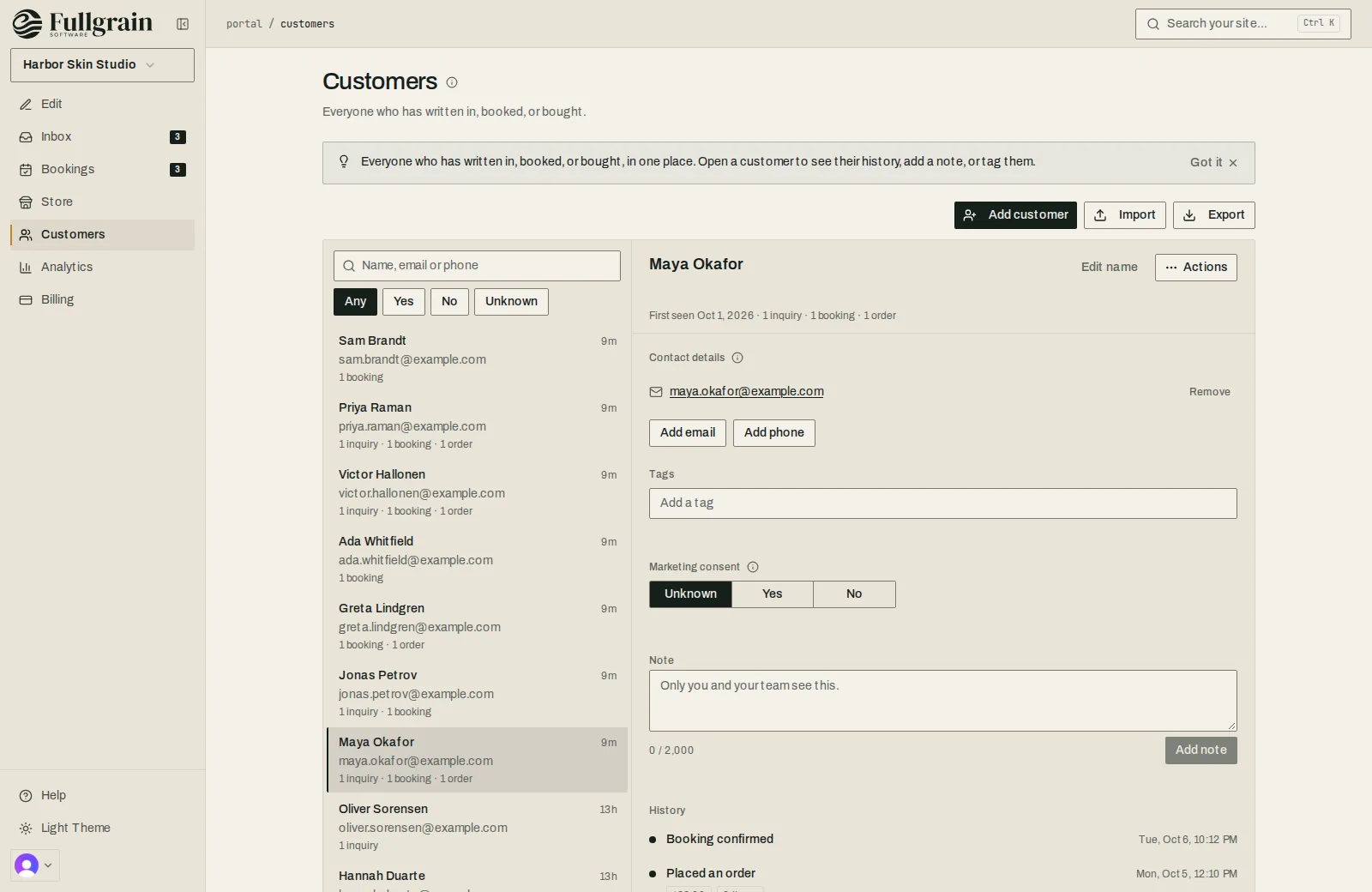 Fullgrain Portal customers: everyone who wrote in, booked or bought, with one customer's history open.
