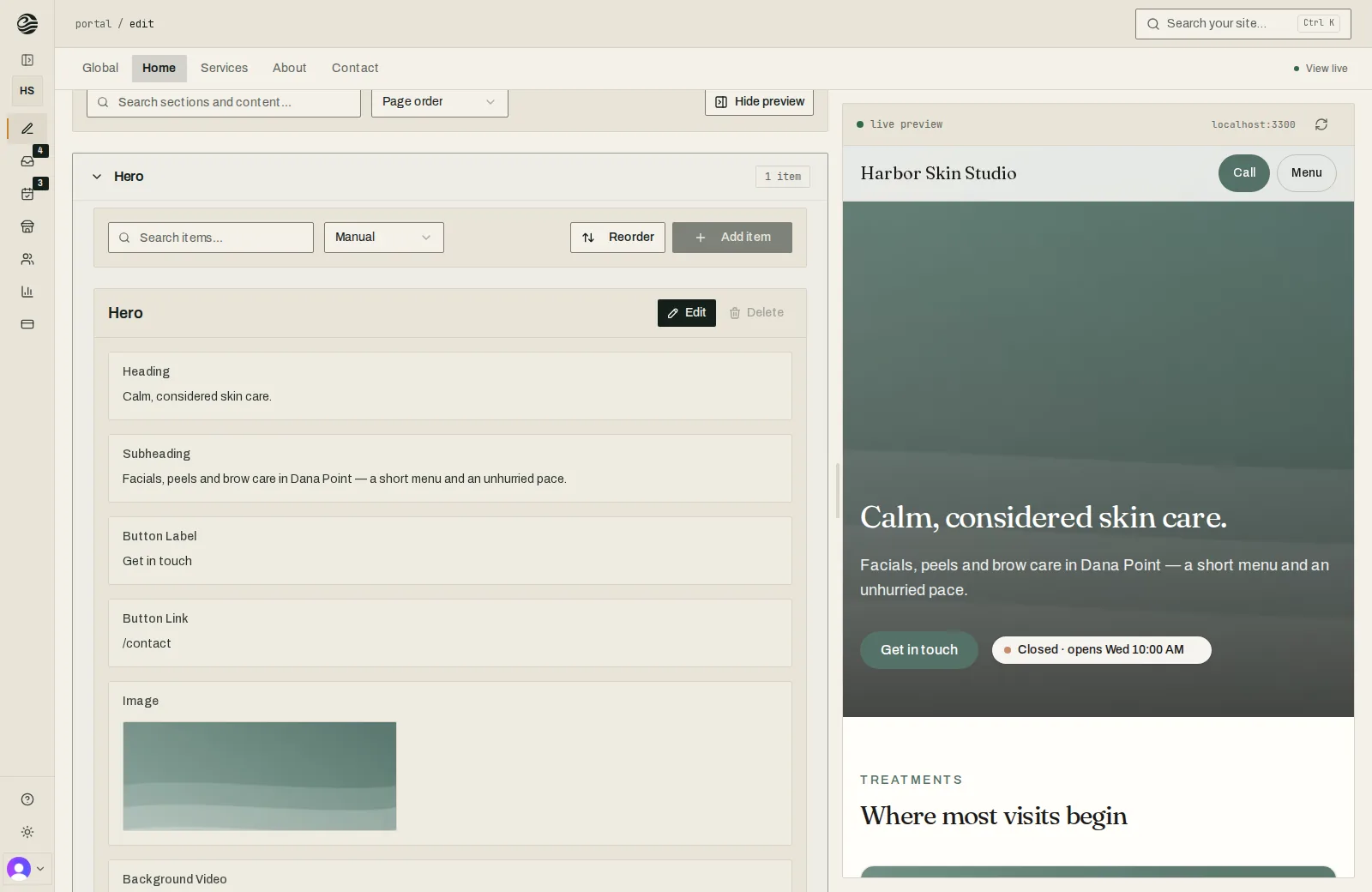 Fullgrain Portal editor: the Hero section's fields on the left and a live preview of the Harbor Skin Studio site on the right.