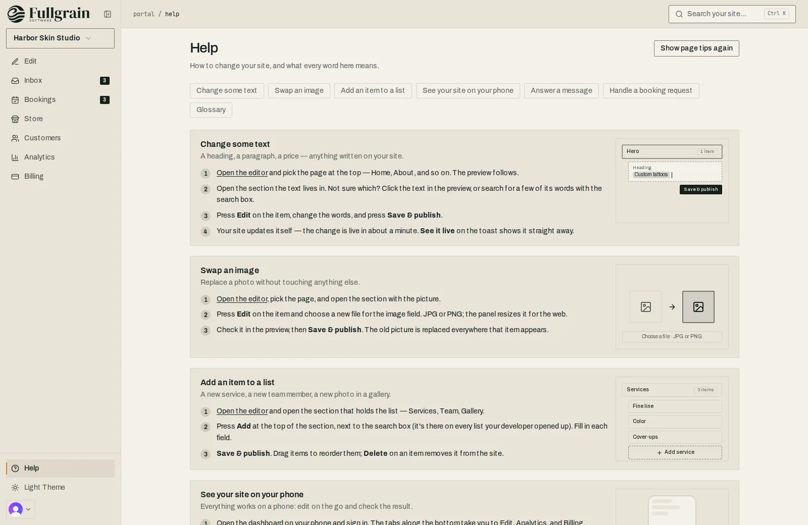 Fullgrain Portal help page with illustrated steps for changing text, swapping an image and adding an item to a list.