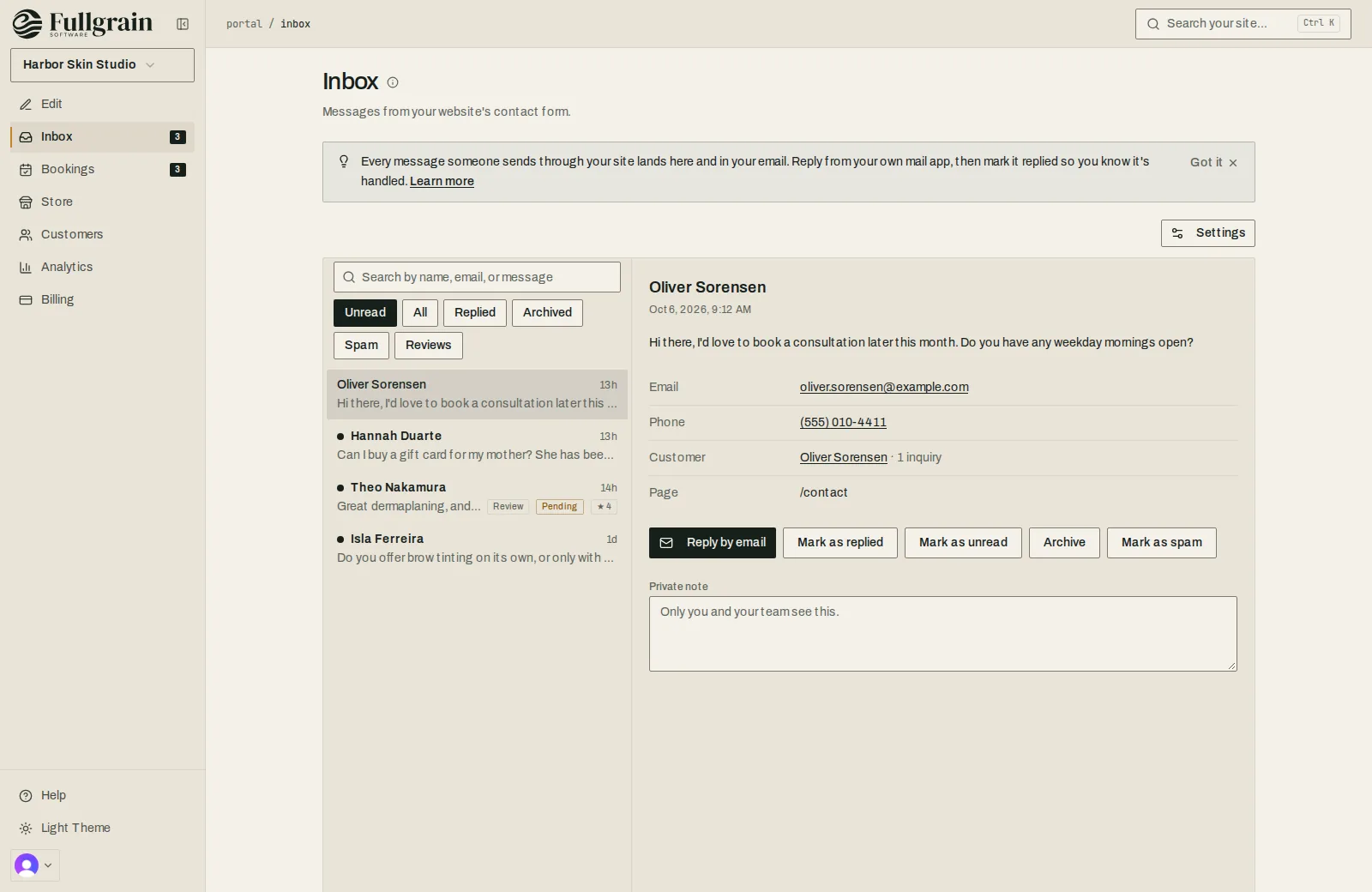 Fullgrain Portal inbox with a contact-form message open and options to reply by email, mark as replied, archive or mark as spam.