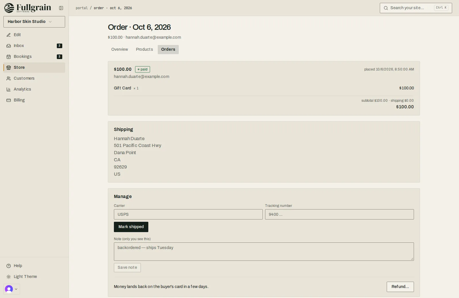 An order in the Fullgrain Portal: items, totals, the shipping address, a tracking number to add, a note and a refund button.
