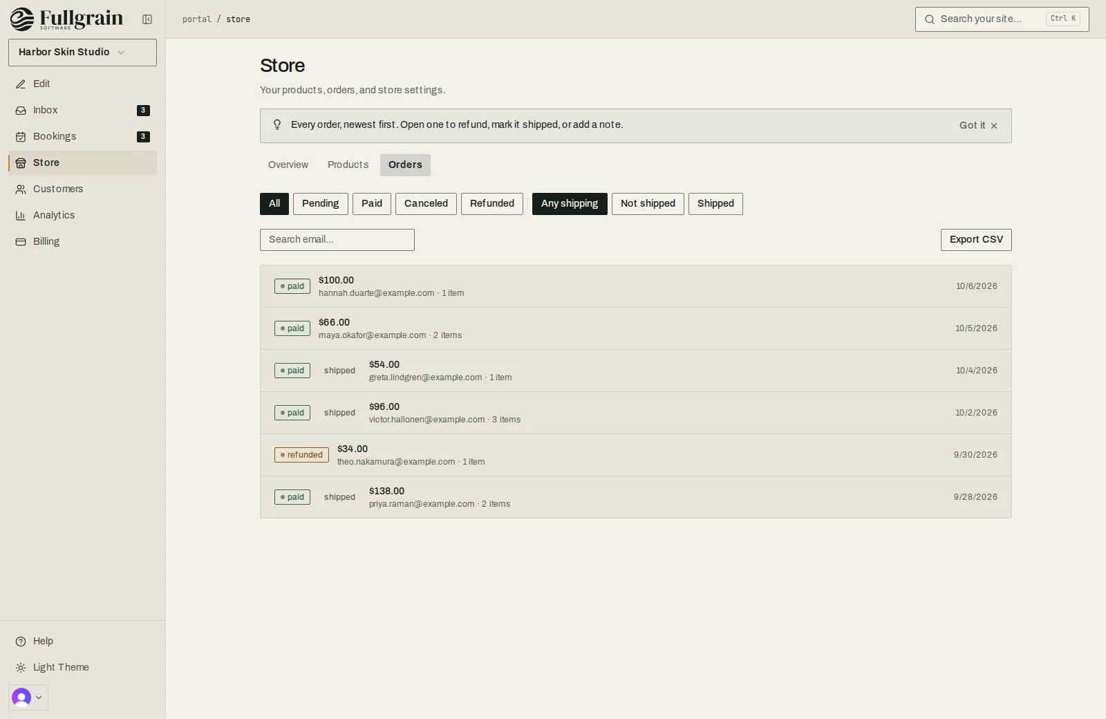 Fullgrain Portal orders list with paid, shipped and refunded orders.