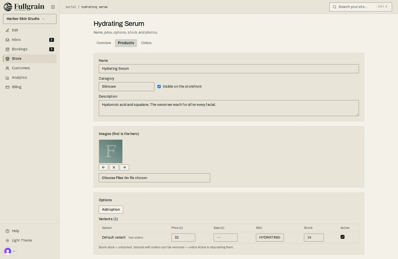 Editing a product in the Fullgrain Portal: name, category, description, photos, options and variants with price, SKU and stock.