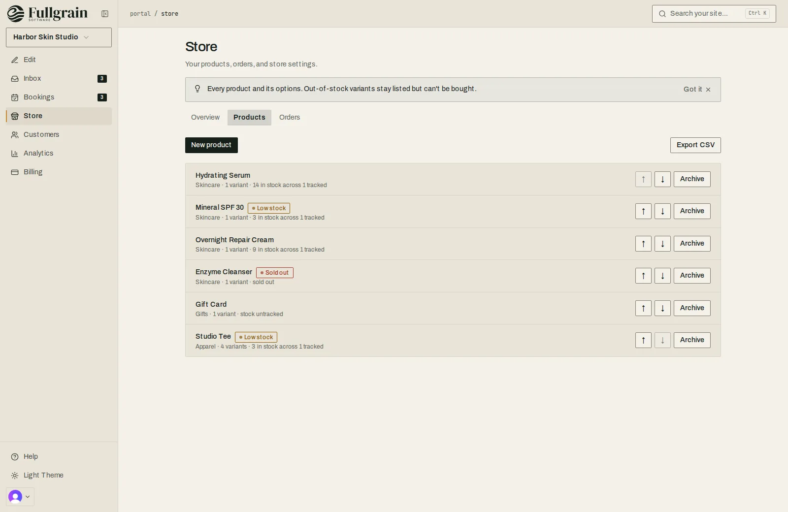 Fullgrain Portal products list with stock levels, low-stock and sold-out flags.